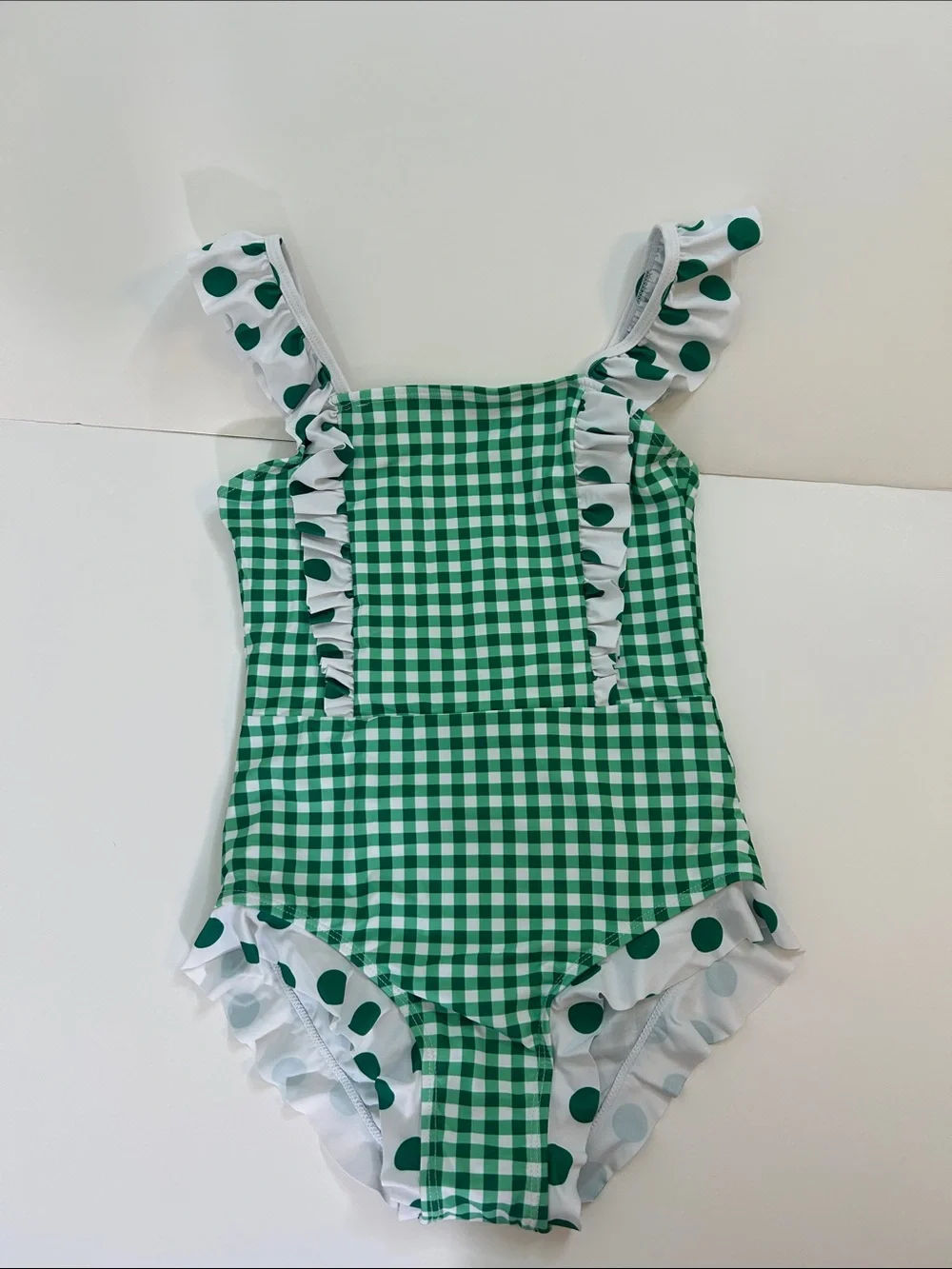 Classic Green Gingham Ruffle One-Piece Swimsuit for Kids
